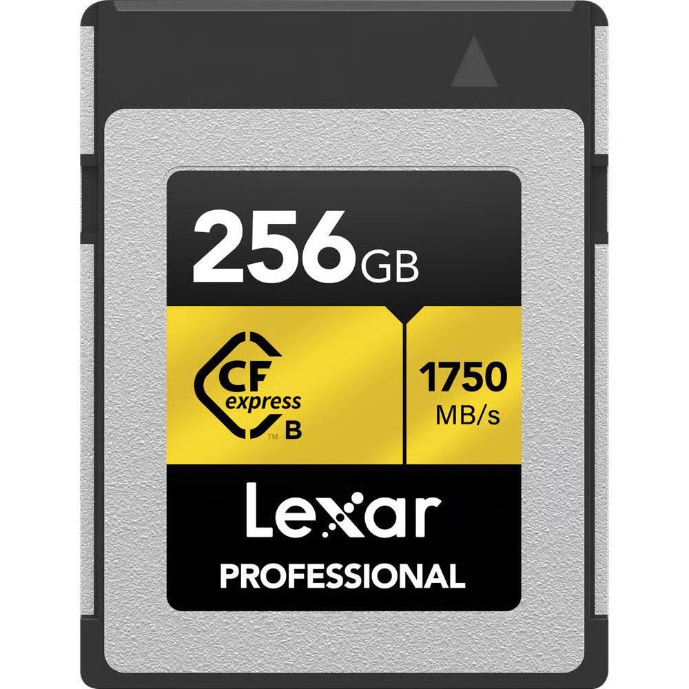 Lexar 256 GB CFexpress Type B Gold: blazing 1750 MB/s read, 1500 MB/s write, 1000 MB/s sustained; ideal for 8K video and burst photo work.