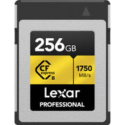 Lexar 256 GB CFexpress Type B Gold: blazing 1750 MB/s read, 1500 MB/s write, 1000 MB/s sustained; ideal for 8K video and burst photo work.