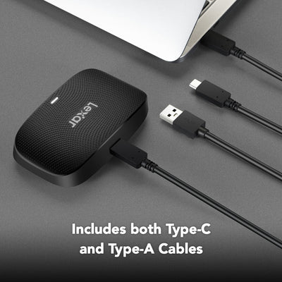Black USB hub with Type-C and Type-A cables on a gray surface, featuring the Lexar brand.