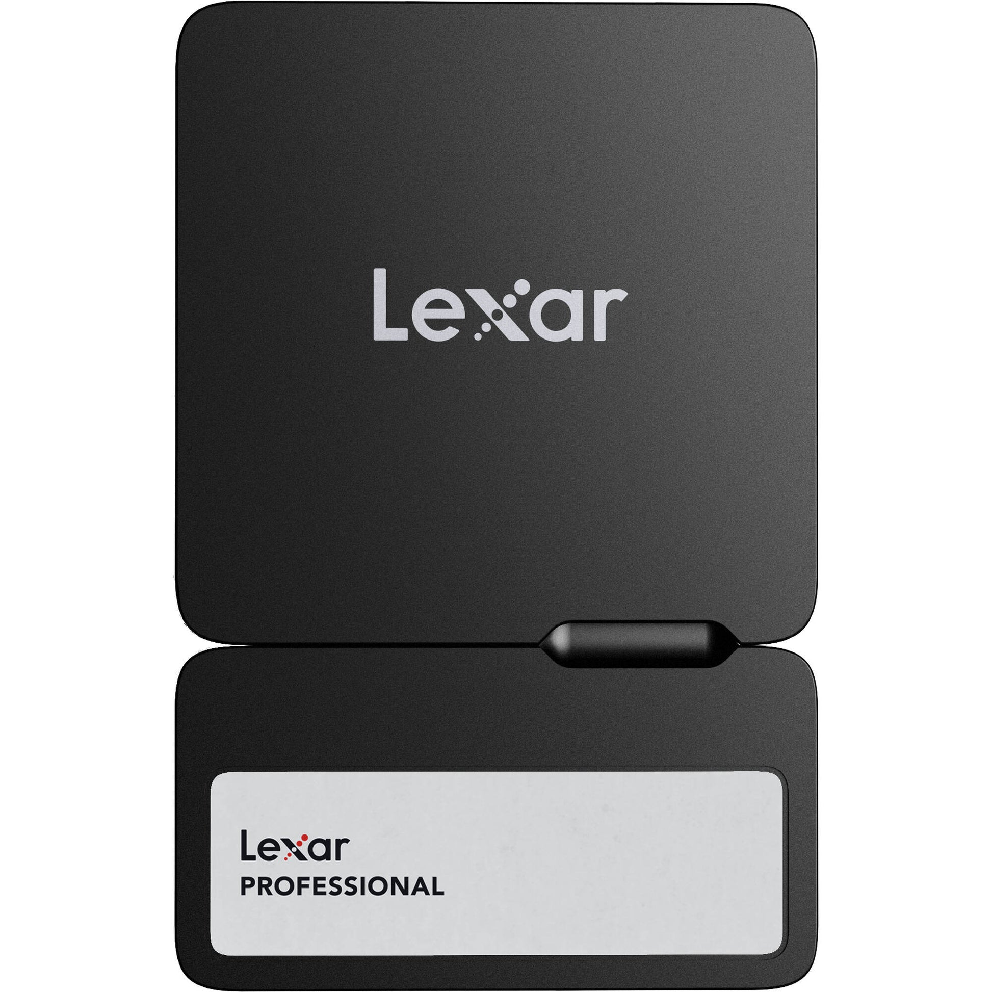 Black Lexar storage device with a white label on a white background