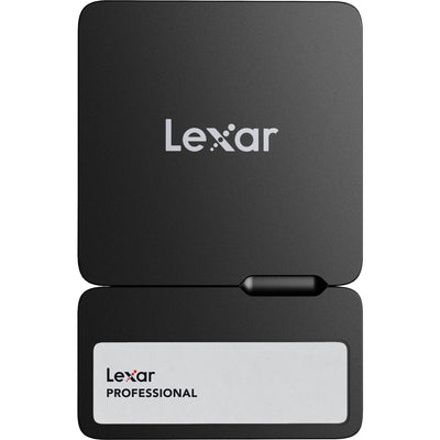 Black Lexar storage device with a white label on a white background