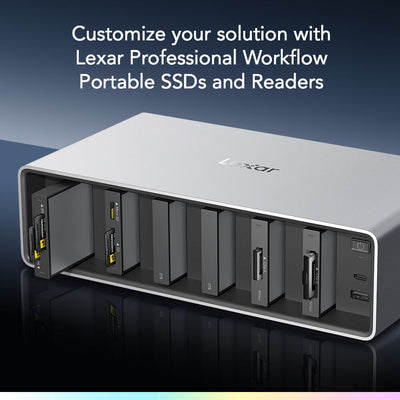 The Lexar Professional Workflow Dock delivers lightning-fast 40Gb/s Thunderbolt 4 connectivity for seamless and high-speed data transfer.