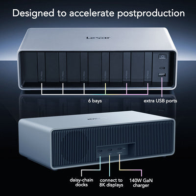 The Lexar Professional Workflow Dock delivers lightning-fast 40Gb/s Thunderbolt 4 connectivity for seamless and high-speed data transfer.