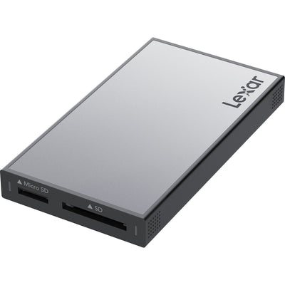 The Lexar Professional Workflow UHS-II Card Reader offers dual card slots and fast 312MB/s transfer speeds, which is compatible with Lexar Workflow systems.