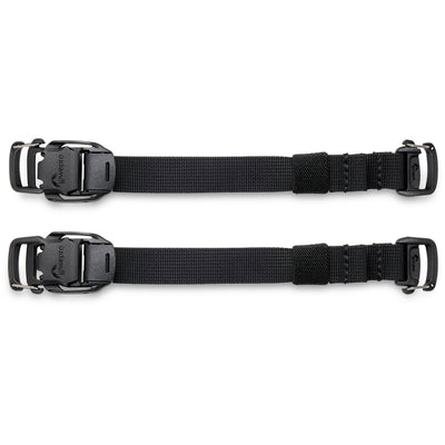 Adjustable Lowepro ProTactic Quick Straps III made of 93% recycled fabric, featuring glove-friendly cam-lock side release buckles, new custom gatekeeper hooks, compatible with 20mm webbing loops, perfect for securing tripods and accessories to camera bags.