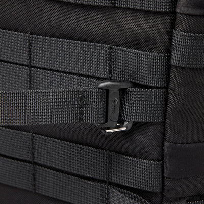 Adjustable Lowepro ProTactic Quick Straps III made of 93% recycled fabric, featuring glove-friendly cam-lock side release buckles, new custom gatekeeper hooks, compatible with 20mm webbing loops, perfect for securing tripods and accessories to camera bags.