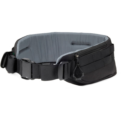 Lowepro ProTactic Utility Belt III in black, fits waists 76-148 cm, holds up to seven SlipLock pouches, includes deployable drawstring pocket for lens swaps or 1L water bottle, made with 92% recycled fabric for durability and comfort.