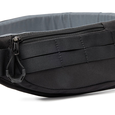Lowepro ProTactic Utility Belt III in black, fits waists 76-148 cm, holds up to seven SlipLock pouches, includes deployable drawstring pocket for lens swaps or 1L water bottle, made with 92% recycled fabric for durability and comfort.