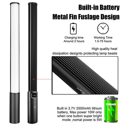 LUXCEO P400S RGB LED Video Light Stick – 40cm handheld tube with 36,000+ color options, adjustable 2500K–6500K temperature, 12 lighting effects, OLED display, 1/4" thread, remote control, 1.6–75 hours runtime, USB-C charging.