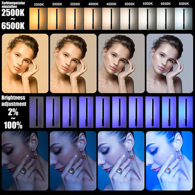 LUXCEO P400S RGB LED Video Light Stick – 40cm handheld tube with 36,000+ color options, adjustable 2500K–6500K temperature, 12 lighting effects, OLED display, 1/4" thread, remote control, 1.6–75 hours runtime, USB-C charging.