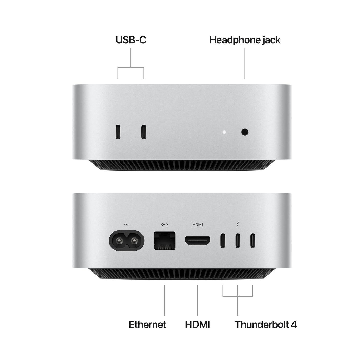 Silver M4 Mac mini with 10-core CPU and GPU, featuring a compact 12.7 cm design