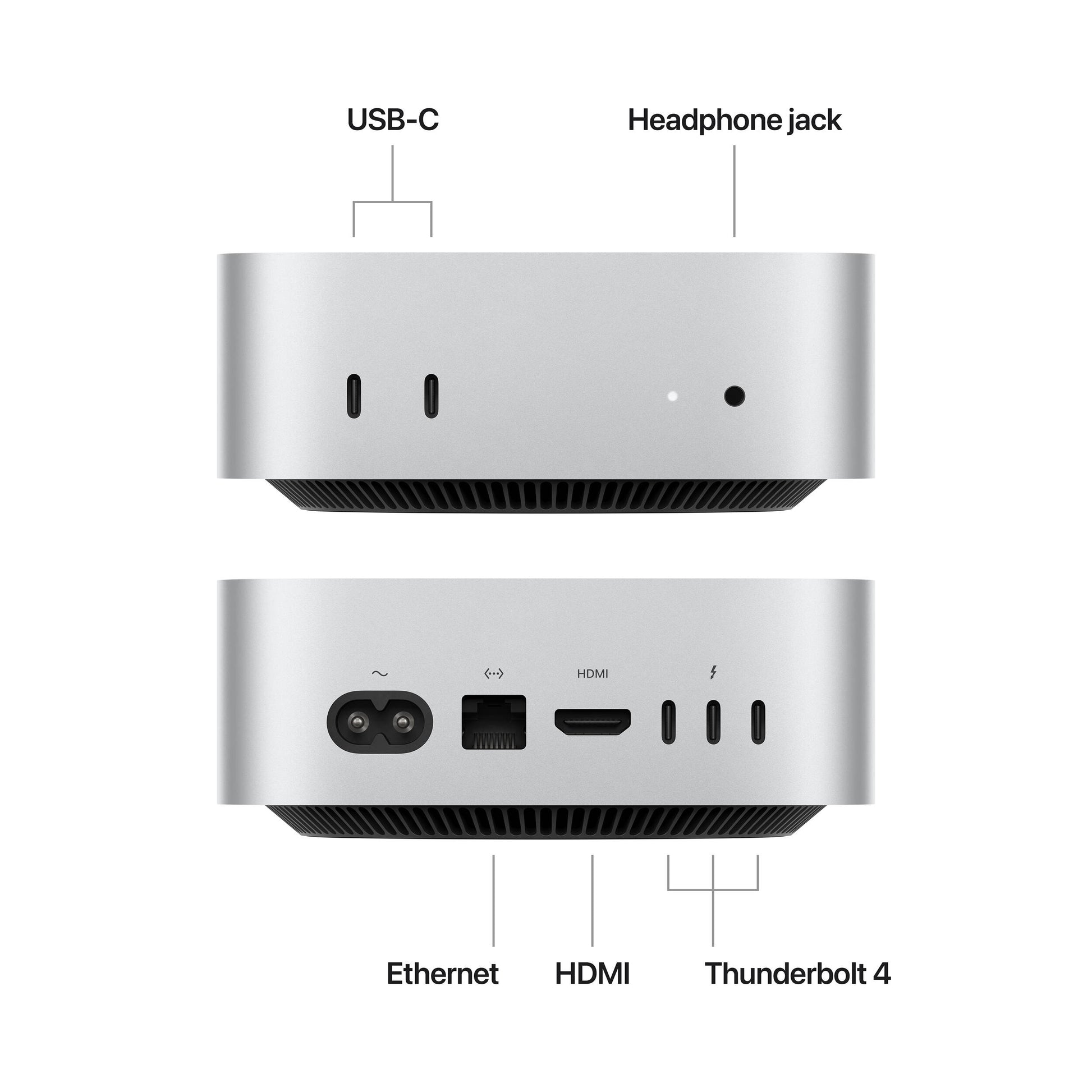 Silver M4 Mac mini with 10-core CPU and GPU, featuring a compact 12.7 cm design