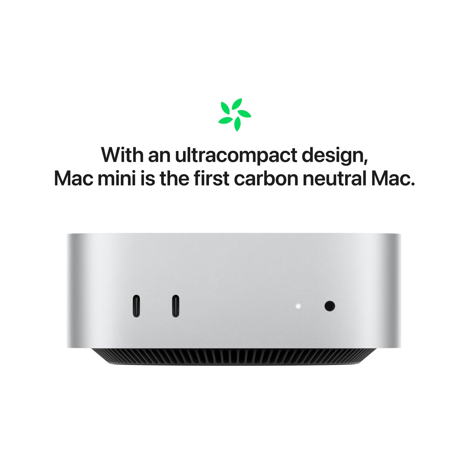Silver M4 Mac mini with 10-core CPU and GPU, featuring a compact 12.7 cm design