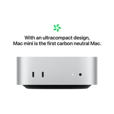 Silver M4 Mac mini with 10-core CPU and GPU, featuring a compact 12.7 cm design