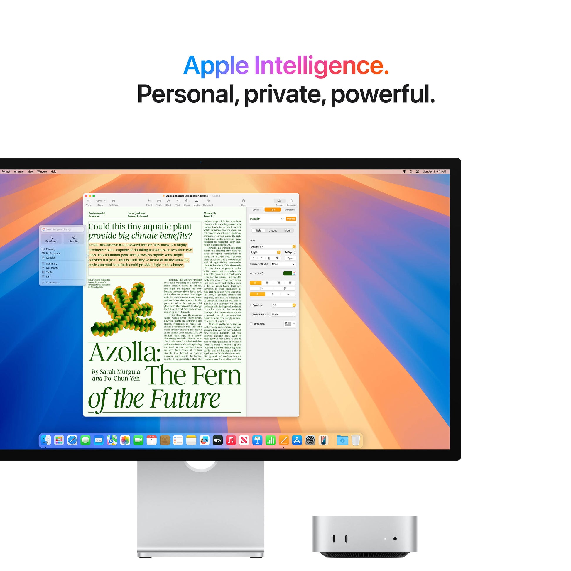 Silver M4 Mac Mini Pro with 12-core CPU and 16-core GPU, featuring a compact 12.7 cm design