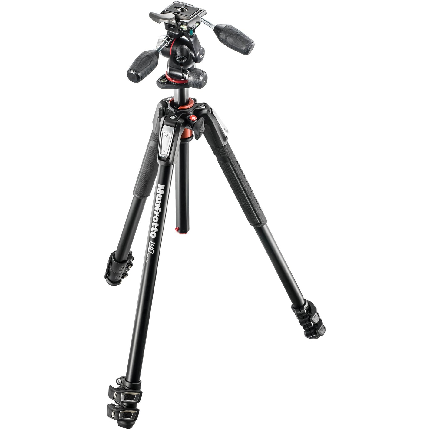 Manfrotto 190XPRO3 tripod with 90° column and quick-lock legs.