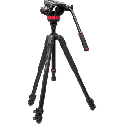 Manfrotto 3-Section 055 Aluminium Video Tripod with 502 Fluid Head, showing tripod legs, fluid head, and accessory mounts.