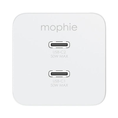 Mophie Essentials 50W dual USB-C fast charger with Power Delivery, compact design and eco-friendly materials.