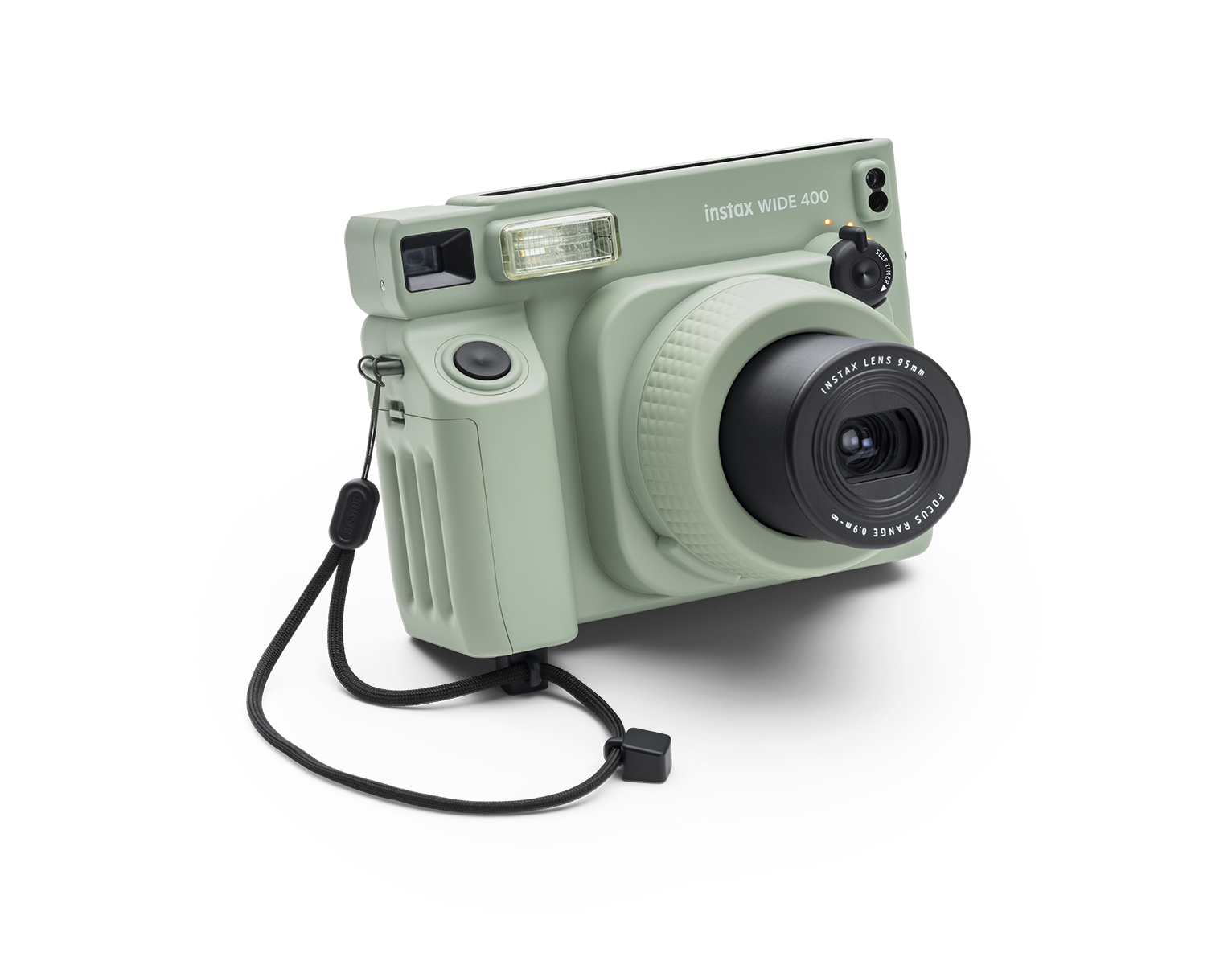 FUJIFILM Instax Wide 400 instant film camera featuring automatic exposure, self-timer, and a stylish retro design for wide-format instant photos.