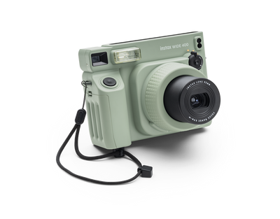 FUJIFILM Instax Wide 400 instant film camera featuring automatic exposure, self-timer, and a stylish retro design for wide-format instant photos.