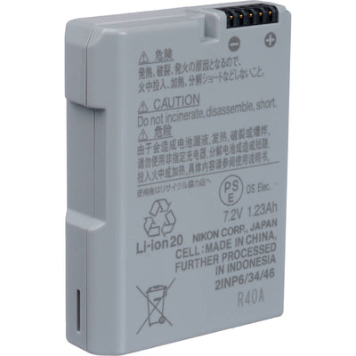 Gray Nikon En-EL14a battery with warning labels and specifications on a white background