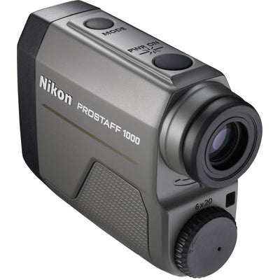 Nikon Prostaff 1000 6x20 rangefinder with 5–910m range, 6x monocular optics, target priority modes, and rugged, rainproof design.
