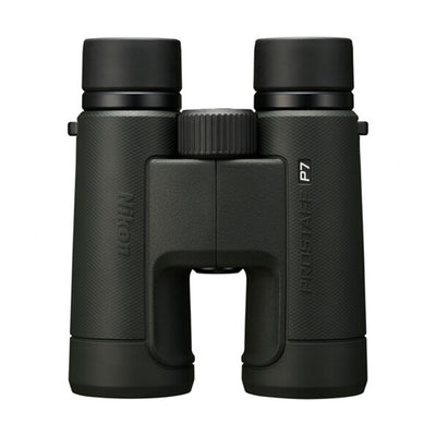Nikon Prostaff P7 10x binoculars with bright optics, waterproof body, and non-slip grip.