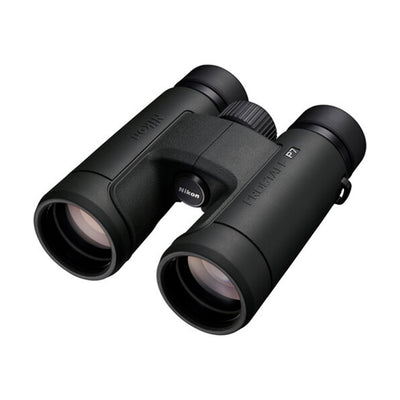 Nikon Prostaff P7 10x binoculars with bright optics, waterproof body, and non-slip grip.