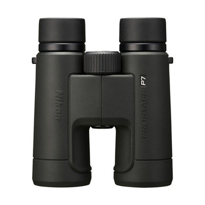 Nikon Prostaff P7 8x binoculars with bright, clear views, waterproof design, and large focusing knob.