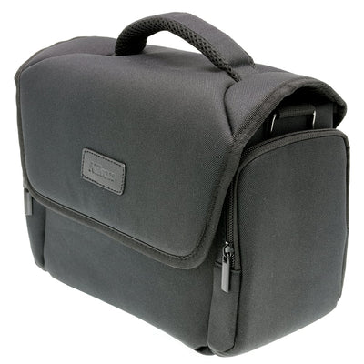 Black Nikon shoulder bag for camera, lenses, and accessories with padded interior.