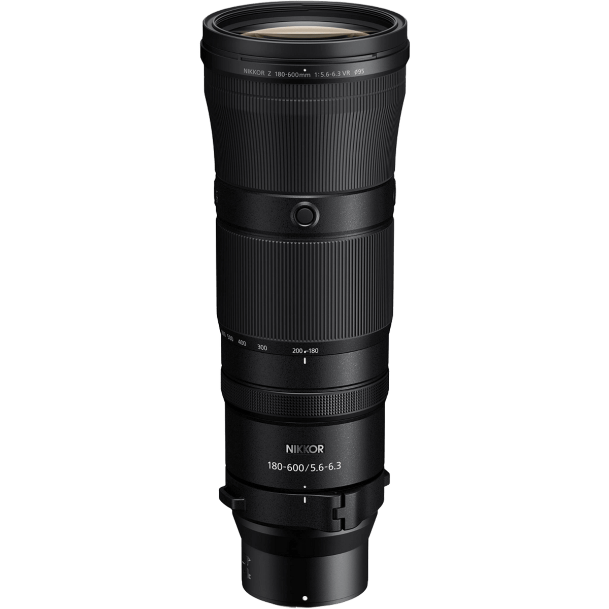 A black Nikon 180-600mm f/5.6-6.3 VR lens for mirrorless cameras, shown vertically against a solid white background.