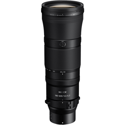 A black Nikon 180-600mm f/5.6-6.3 VR lens for mirrorless cameras, shown vertically against a solid white background.