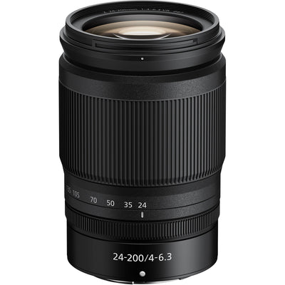 Front view of Nikon 24-200mm zoom lens.