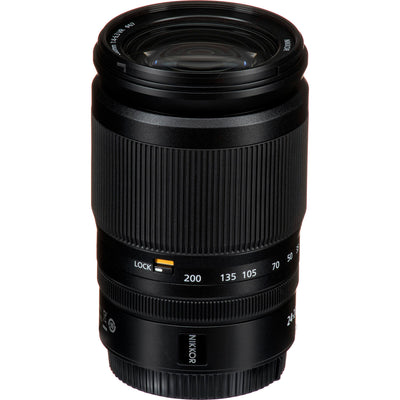 Camera lens with focus scale and brand name on a white background
