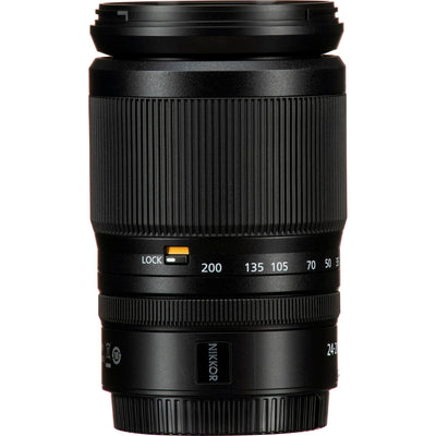 Black camera lens with focus distance markings on a white background