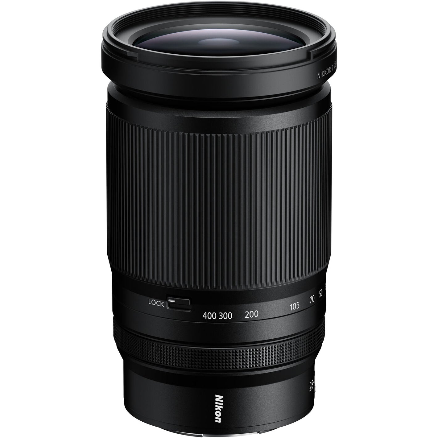 Black Nikon camera lens on a white background