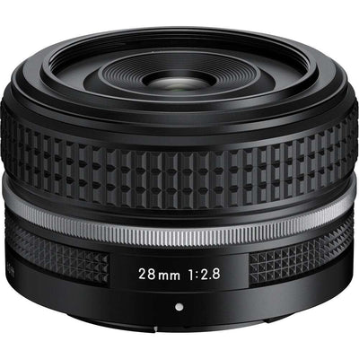 Nikon Z 28mm f/2.8 SE lens. Compact wide-angle prime for Z-mount full-frame cameras with f/2.8 aperture and sharp, high-contrast optics.