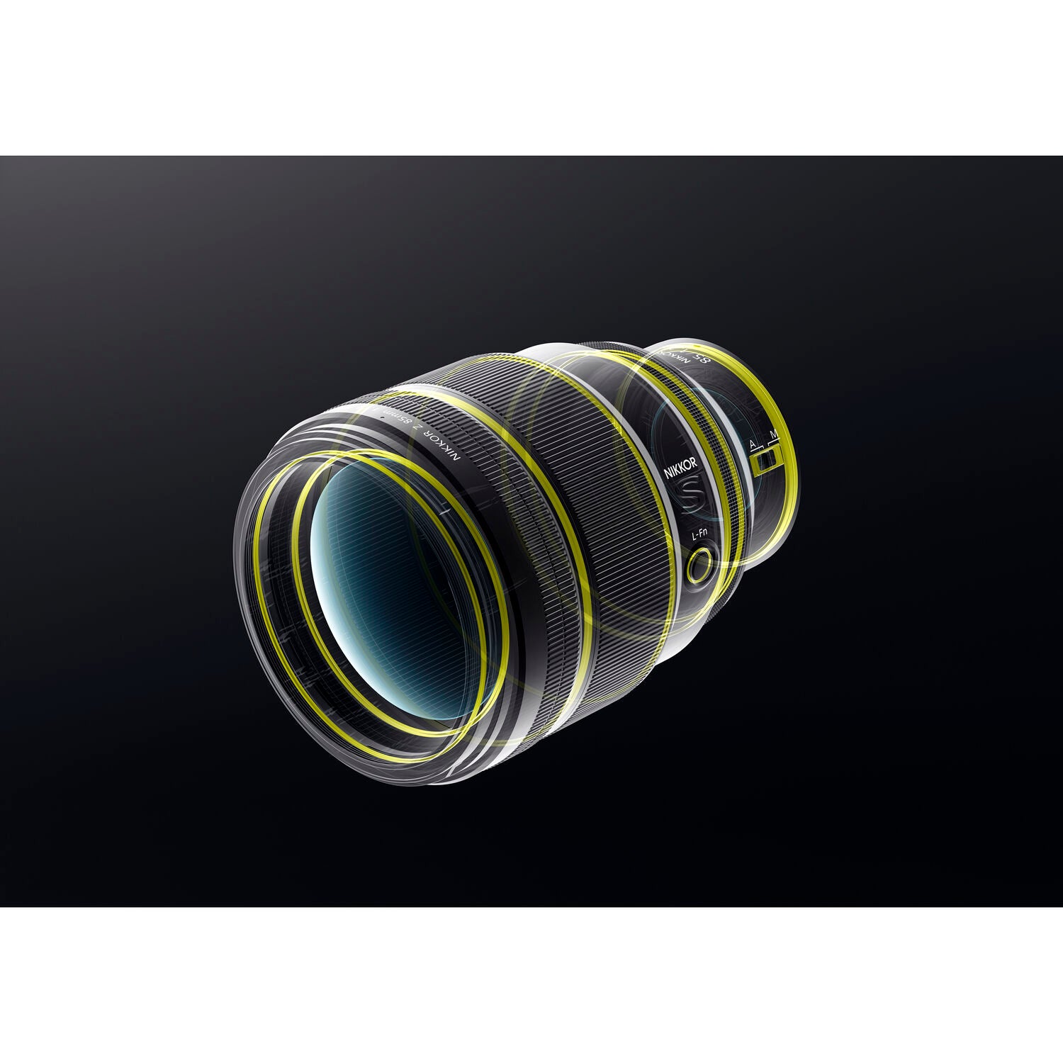 Camera lens with black and yellow design on a dark background