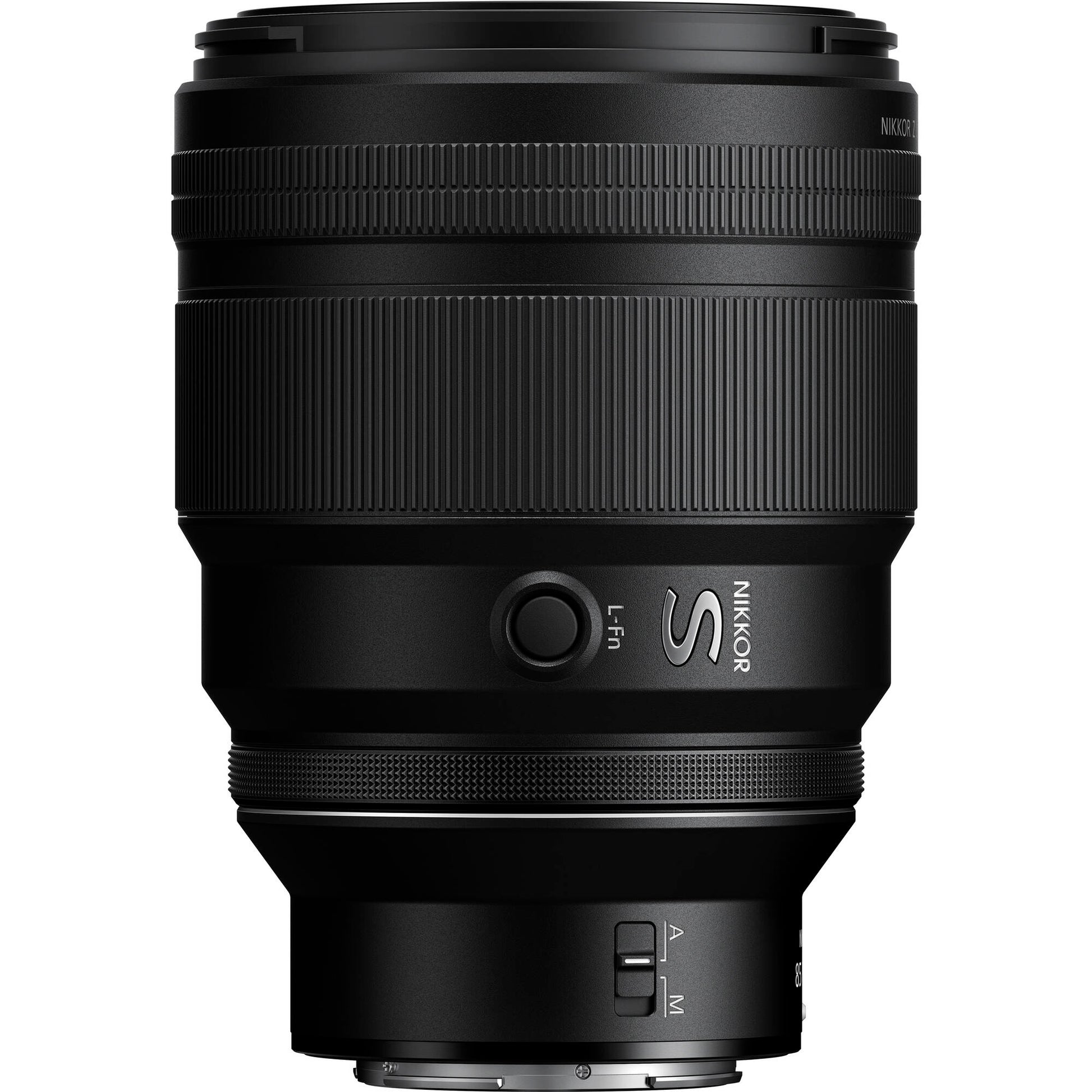 Black camera lens with Nikkor branding on a white background