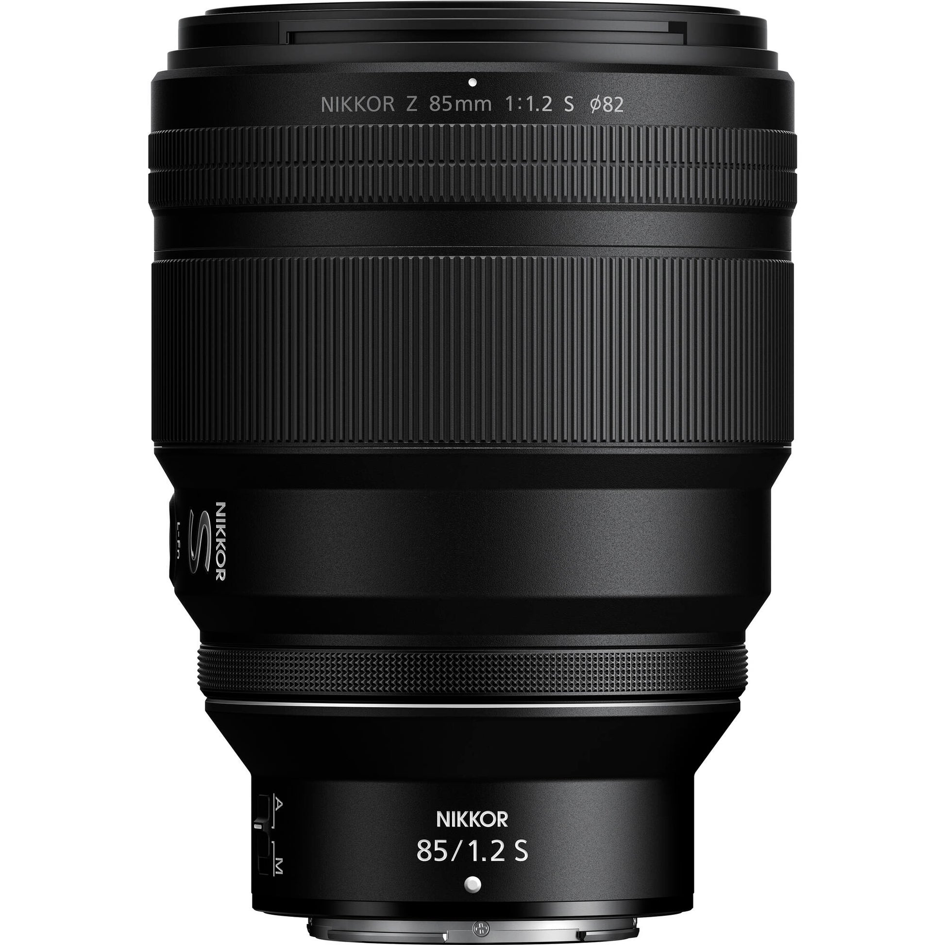 Nikon Nikkor Z 85mm f/1.2 S lens on a white background