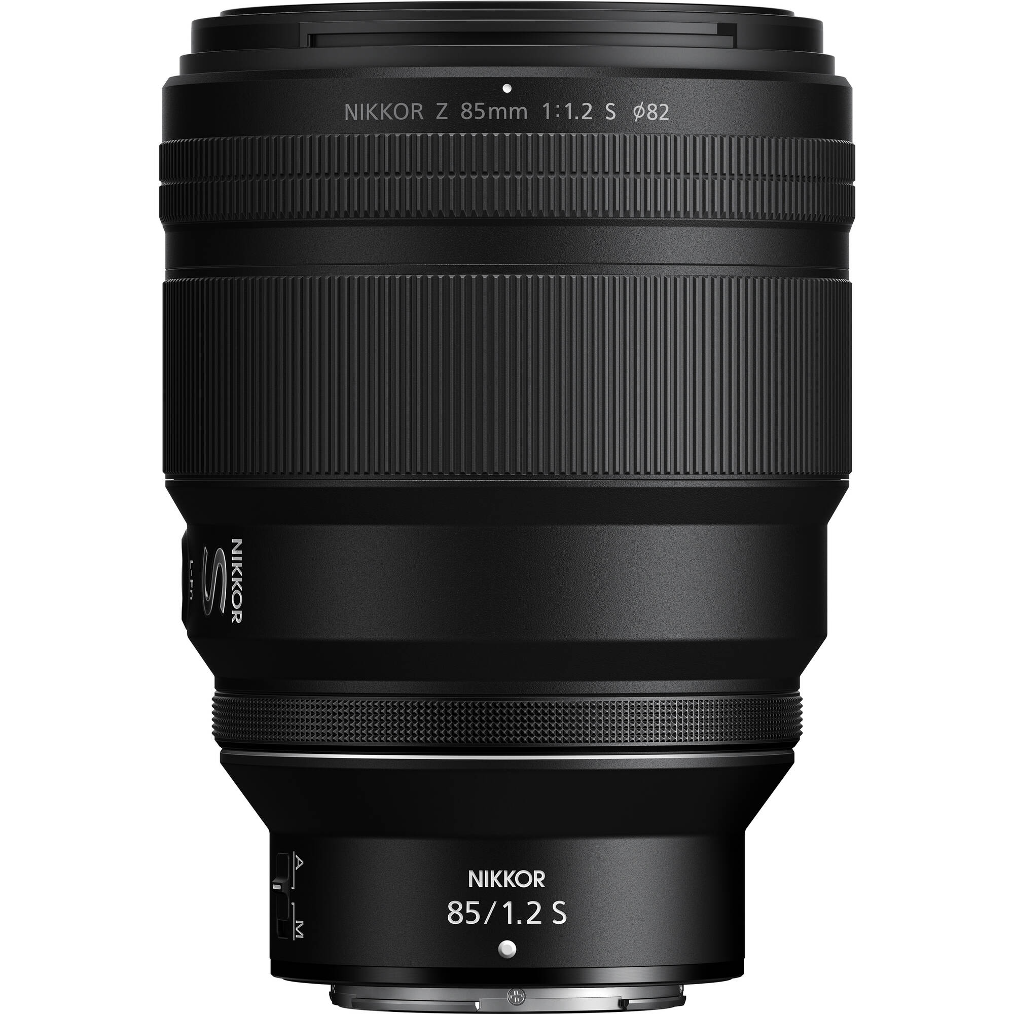 Nikon Nikkor Z 85mm f/1.2 S lens on a white background