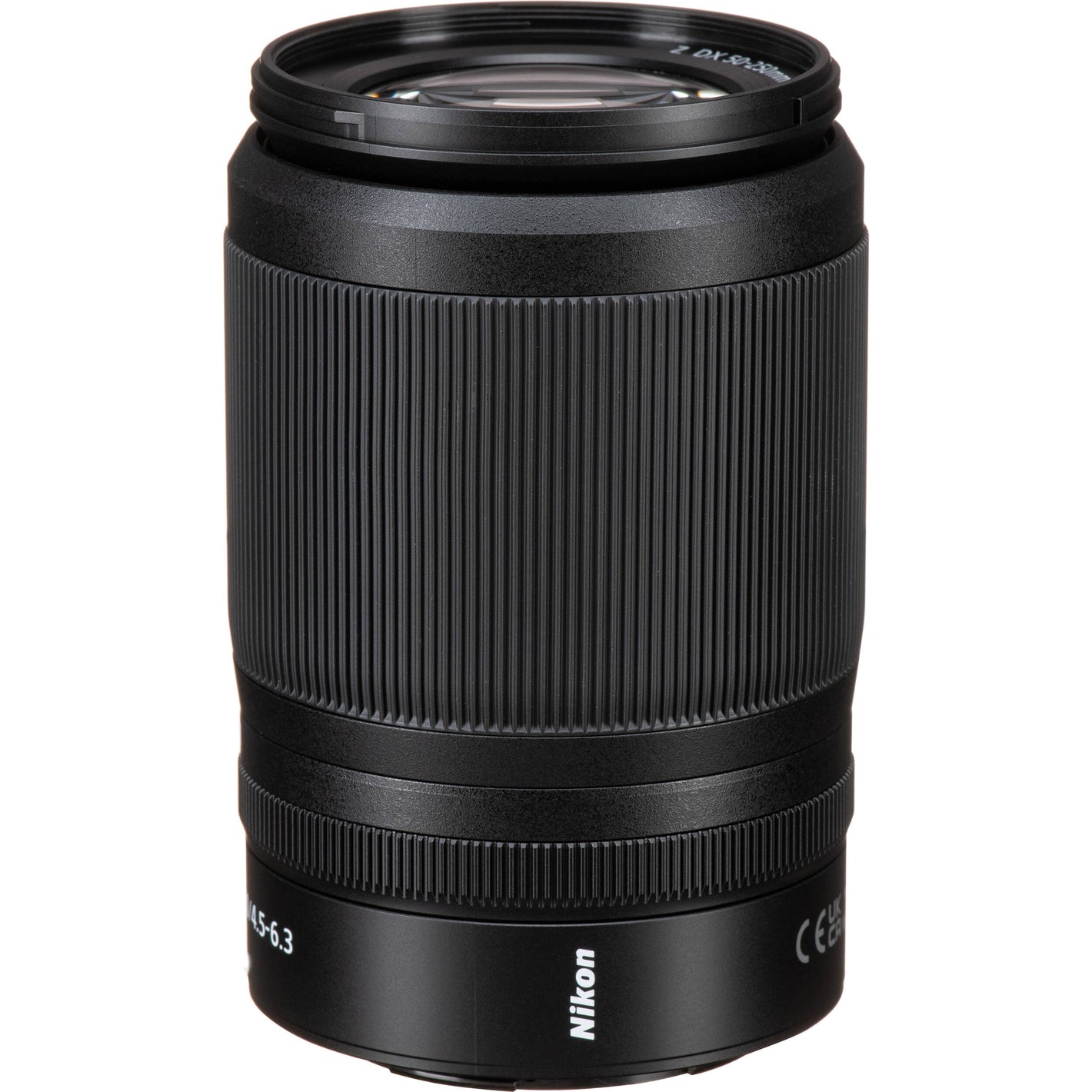Black Nikon camera lens on a white background