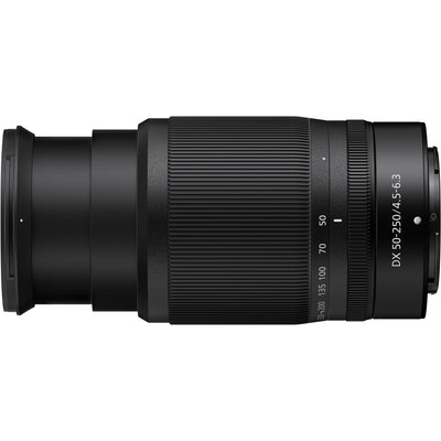 Camera lens with focus scale on a white background