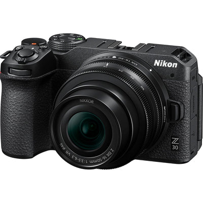 Nikon Z30 mirrorless camera with 20.8MP DX sensor and 16-50mm f/3.5-6.3 VR zoom lens, features 4K video and live streaming capabilities.