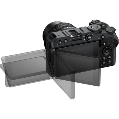 Nikon Z30 mirrorless camera with 20.8MP DX sensor and 16-50mm f/3.5-6.3 VR zoom lens, features 4K video and live streaming capabilities.