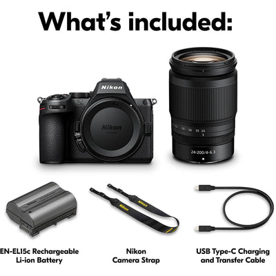 Nikon Z5 II full-frame mirrorless camera with versatile 24-200mm f/4-6.3 VR zoom lens, 24.5MP sensor, EXPEED 7 processor, and 4K UHD video.