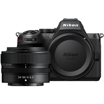 Nikon Z5 II full-frame mirrorless camera with compact retractable 24-50mm f/4-6.3 lens, 24.5MP sensor, EXPEED 7 processor, and 4K video.