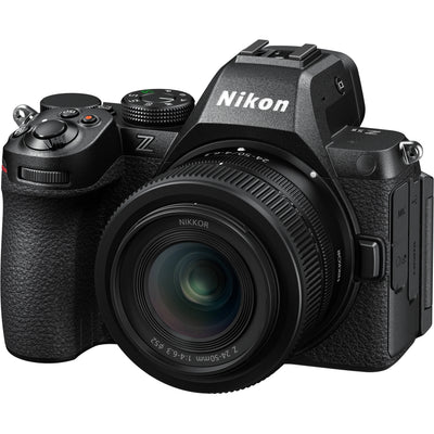 Nikon Z5 II full-frame mirrorless camera with compact retractable 24-50mm f/4-6.3 lens, 24.5MP sensor, EXPEED 7 processor, and 4K video.