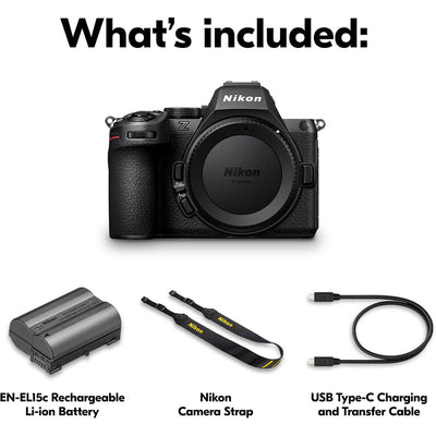 Nikon Z5 II full-frame mirrorless camera with 24.5MP BSI CMOS sensor, EXPEED 7 processor, AI autofocus, 5-axis stabilization, and 4K 60p video.
