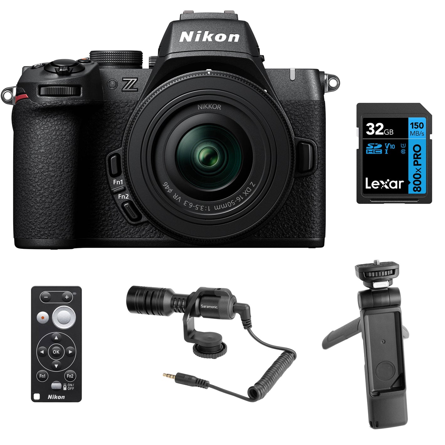 Nikon Z50 II Creator Kit in black featuring the Nikon Z50 II mirrorless camera body, mounted 16–50 mm and 50–250 mm zoom lenses, a 35 mm prime lens, and included accessories such as a vertical grip, LED light, and external microphone—all displayed together.